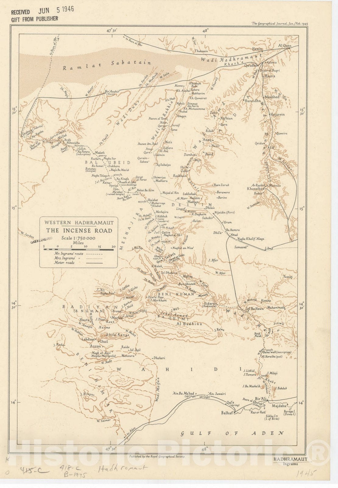 Map : Yemen 1945, Western Hadhramaut : the incense road, Antique Vintage Reproduction