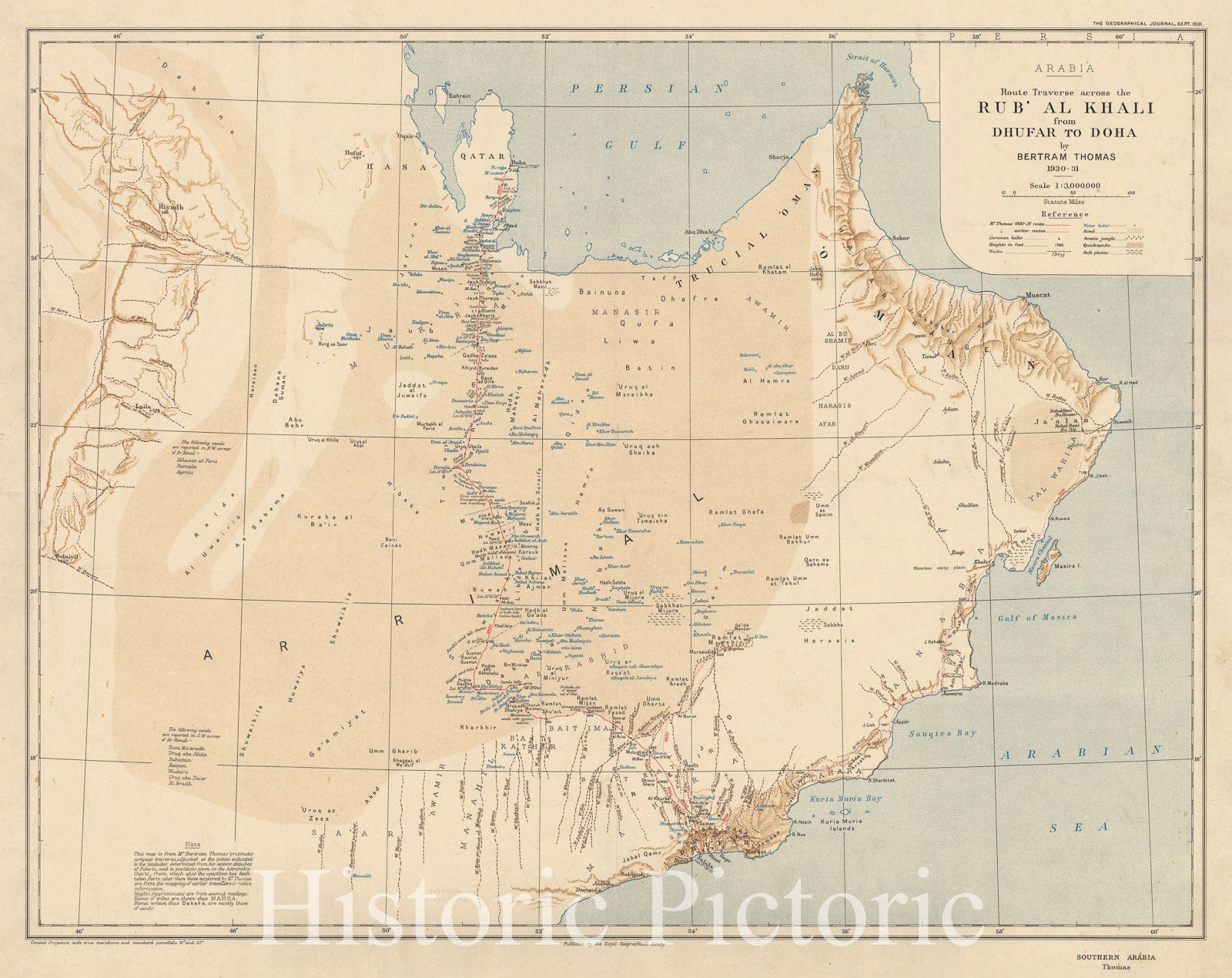 Map : Oman 1931, Route traverse across the Rub' al Khali from Dhufar to Doha by Bertram Thomas 1930-31 , Antique Vintage Reproduction