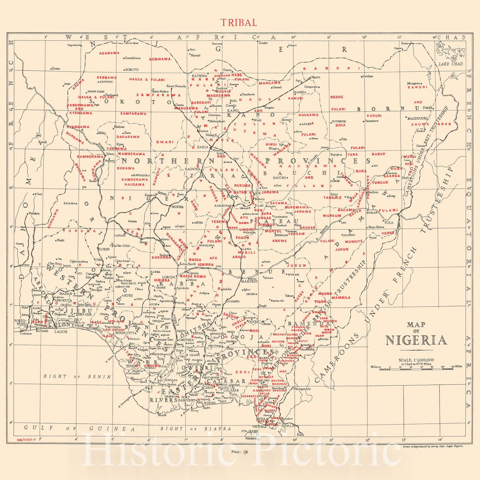 Map : Nigeria 1951, Map of Nigeria, tribal , Antique Vintage Reproduction