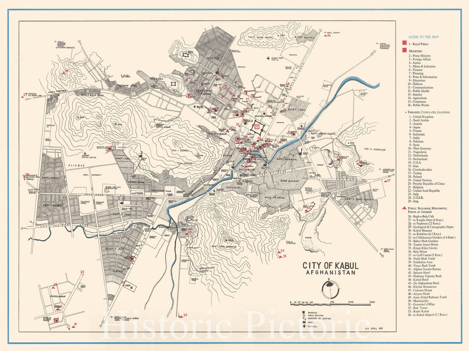 Map : Kabul, Afghanistan 1961, City of Kabul, Afghanistan, Antique Vintage Reproduction