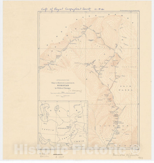 Map : Afghanistan 1957, Afghanistan : map to illustrate a journey in Nuristan by Wilfred Thesiger, Antique Vintage Reproduction
