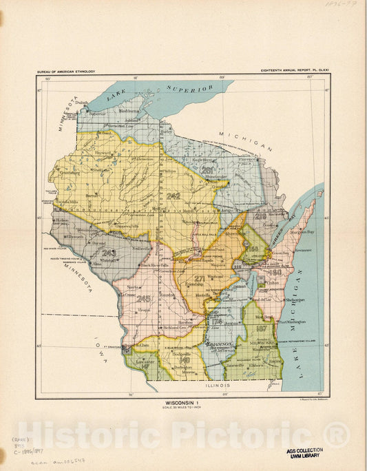 Map : Wisconsin 1899, Wisconsin 1 , Antique Vintage Reproduction