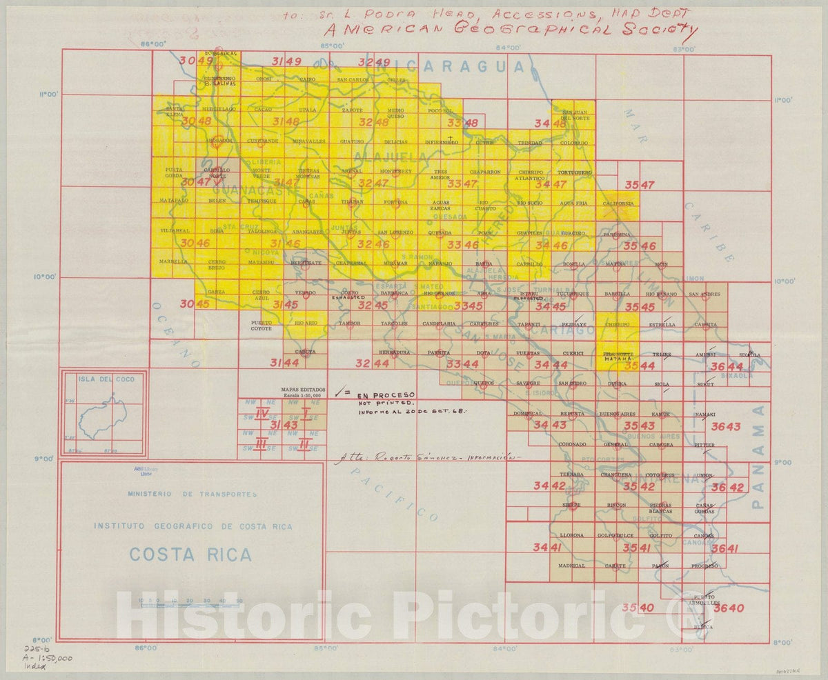 Map : Costa Rica 1967, Costa Rica , Antique Vintage Reproduction