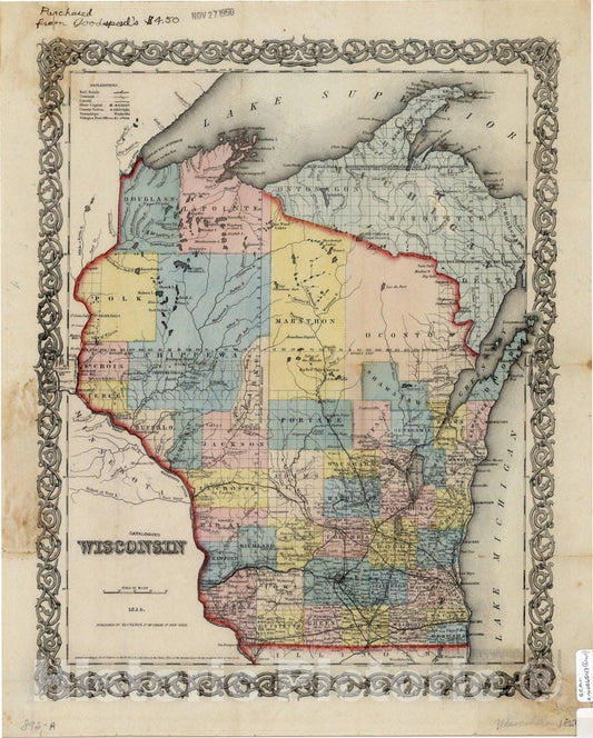 Map : Wisconsin 1854, Wisconsin 1854 , Antique Vintage Reproduction