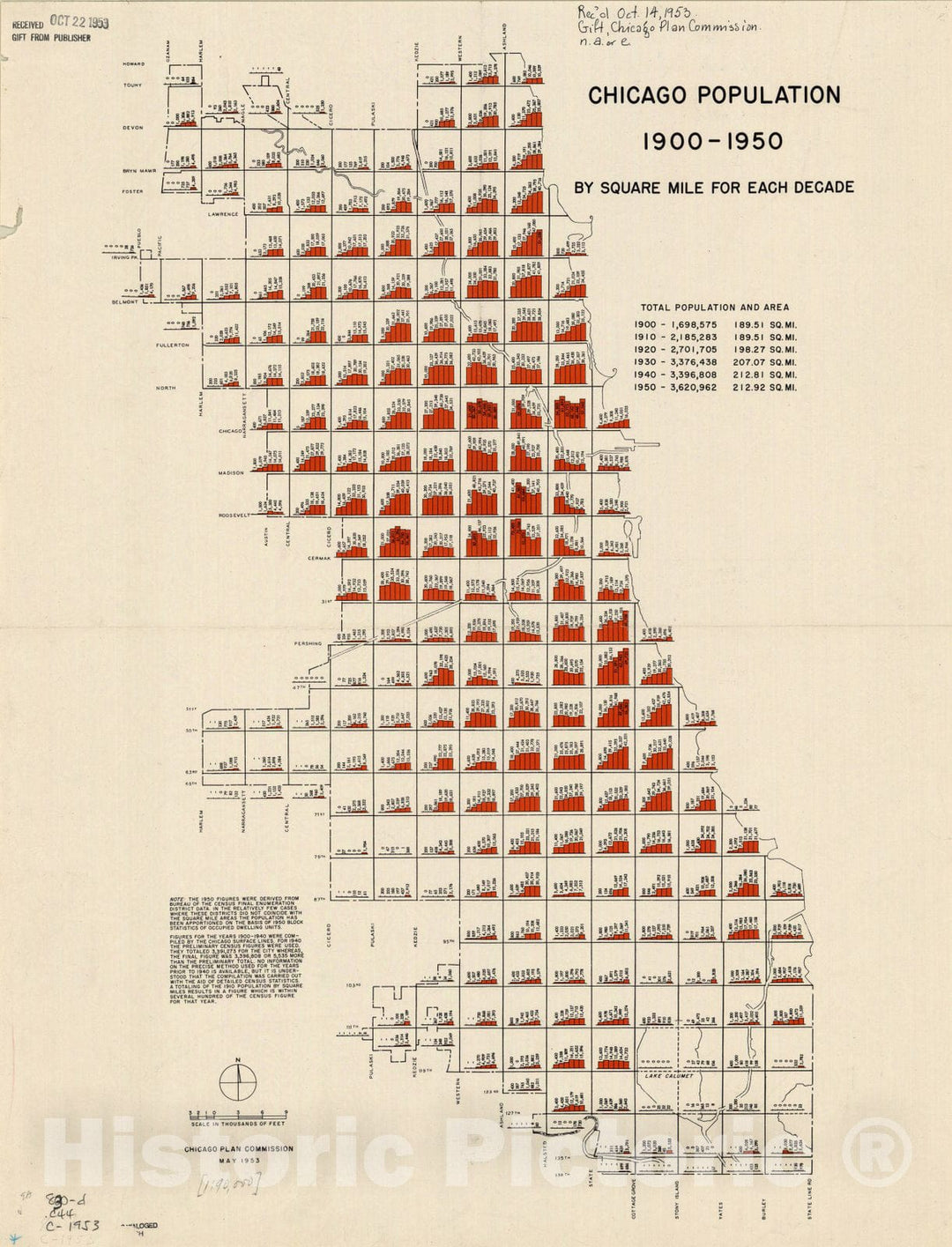 Map : Chicago, Illinois 1953, Chicago population, 1900-1950, by square mile for each decade , Antique Vintage Reproduction