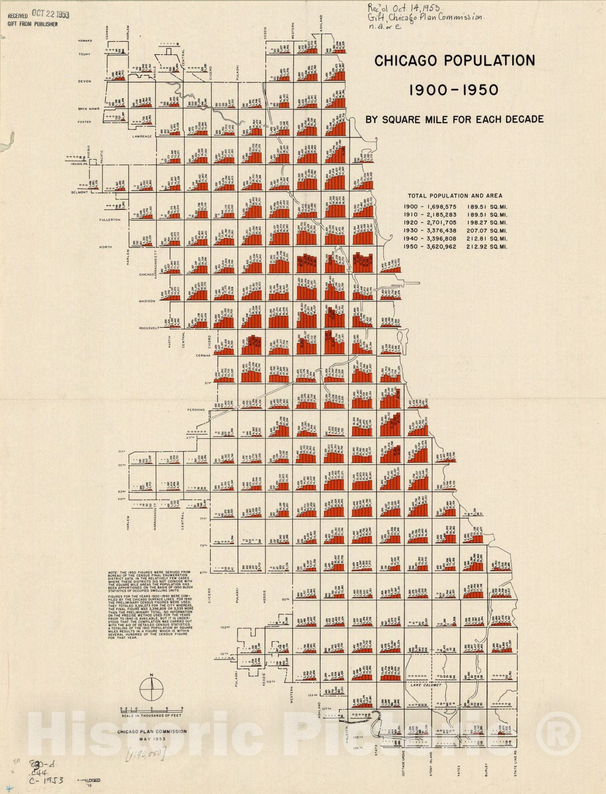 Map : Chicago, Illinois 1953, Chicago population, 1900-1950, by square mile for each decade , Antique Vintage Reproduction