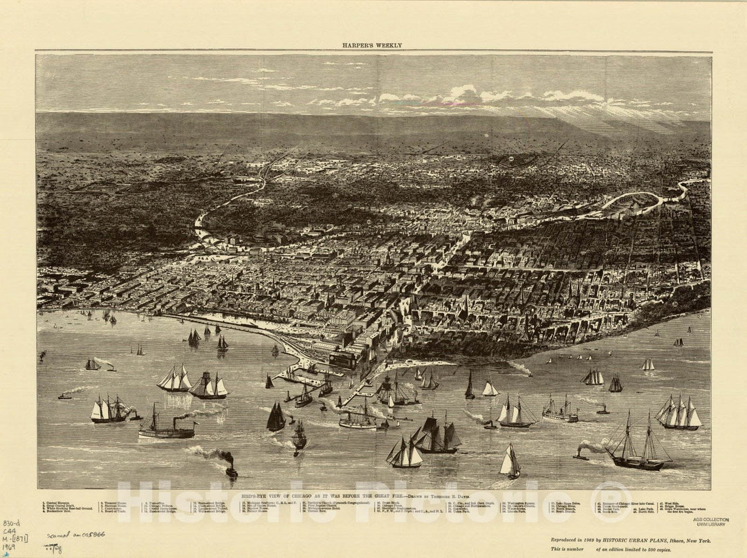 Map : Chicago, Illinois 1871 1969, Bird's-eye view of Chicago as it was before the great fire , Antique Vintage Reproduction