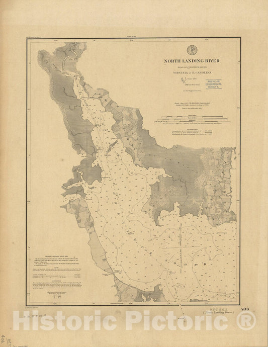 Map : North Landing River, Virginia and North Carolina 1882, North Landing River (head of Currituck Sound), Virginia & N. Carolina , Antique Vintage Reproduction