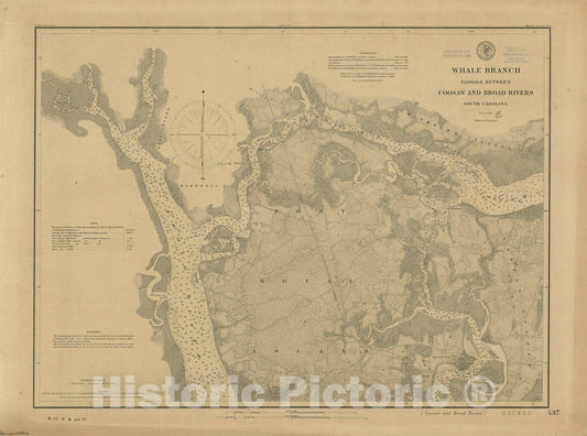 Map : Coosaw and Broad Rivers, South Carolina 1876, Whale Branch passage between Coosaw and Broad Rivers, South Carolina , Antique Vintage Reproduction