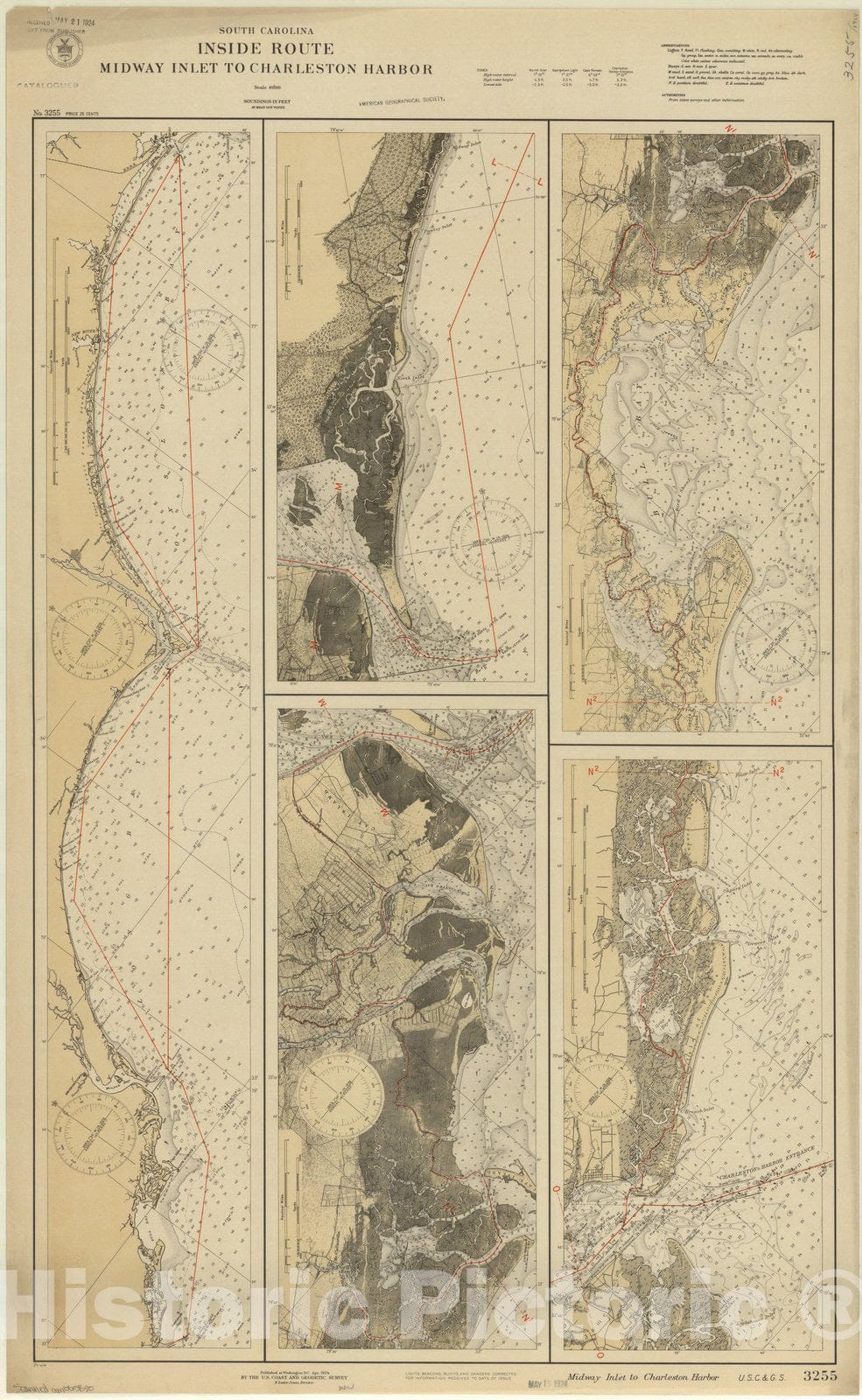 Map : Midway Inlet to Charleston Harbor, North Carolina 1924, North Carolina, Inside Route, Midway Inlet to Charleston Harbor , Antique Vintage Reproduction