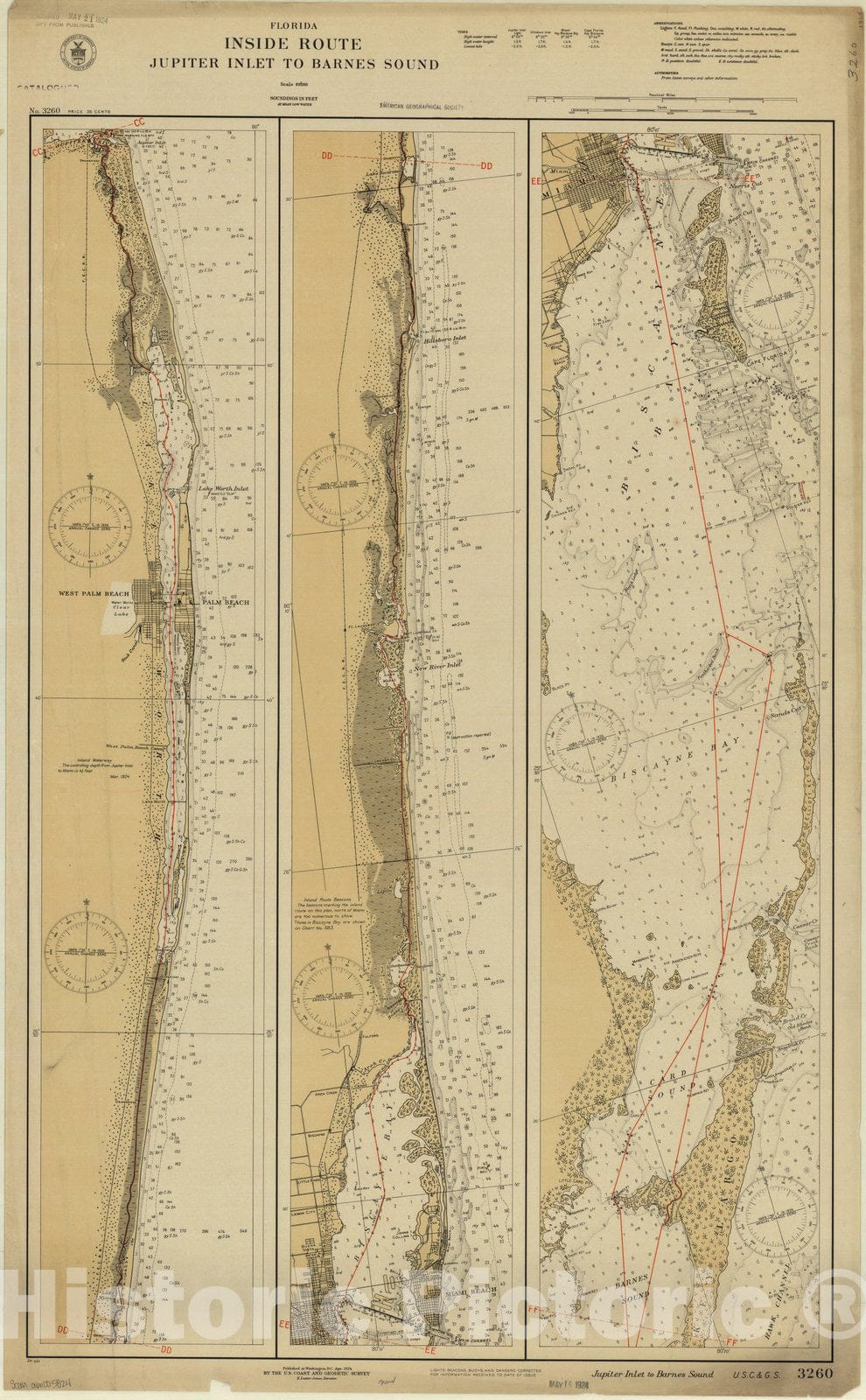 Map : Jupiter Inlet to Barnes Sound, Florida 1924, Florida, Inside Route, Jupiter Inlet to Barnes Sound , Antique Vintage Reproduction