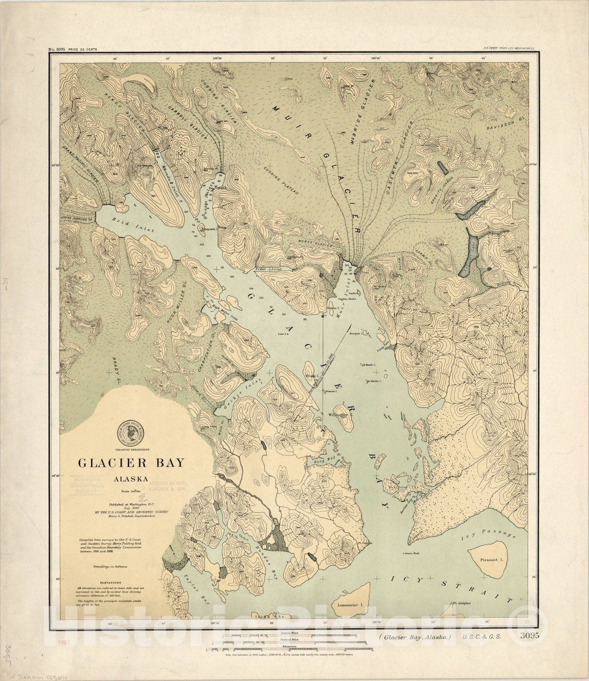 Map : Glacier Bay, Alaska 1899, Glacier Bay, Alaska , Antique Vintage Reproduction