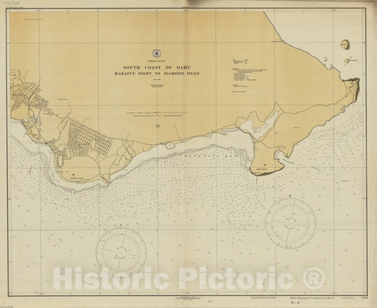 Map : Hawaii 1927, Hawaiian Islands, south coast of Oahu, Makapuu Point to Diamond Head , Antique Vintage Reproduction
