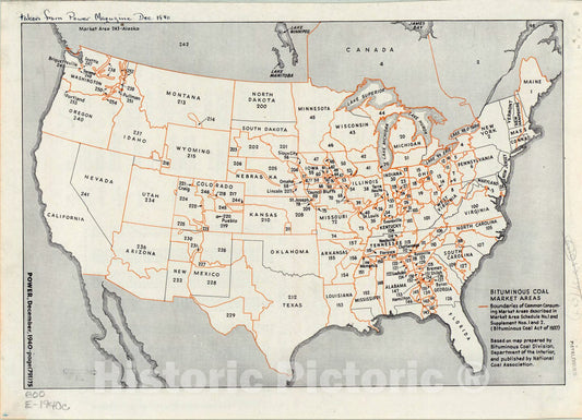 Map : United States 1940, Bituminous coal market areas, Antique Vintage Reproduction