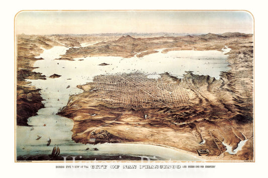 Map : San Francisco, California 1868 1976, Birds eye view of the city of San Francisco and surrounding country , Antique Vintage Reproduction