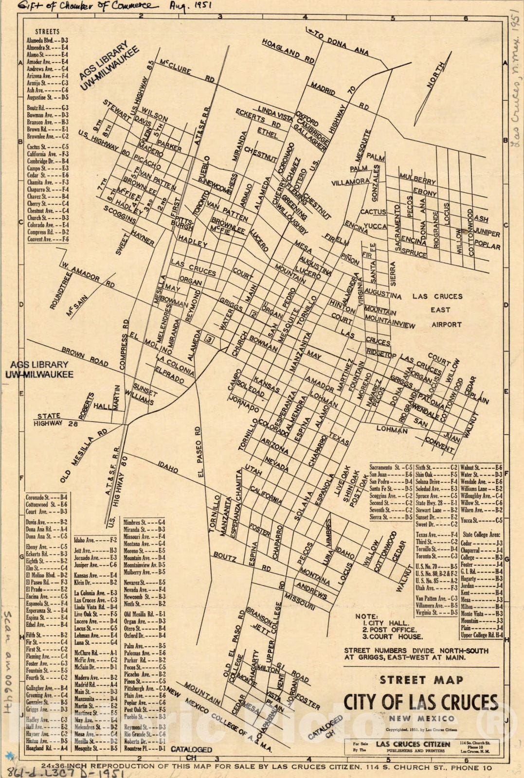 Map : Las Cruces, New Mexico 1951, Street map, city of Las Cruces, New Mexico , Antique Vintage Reproduction