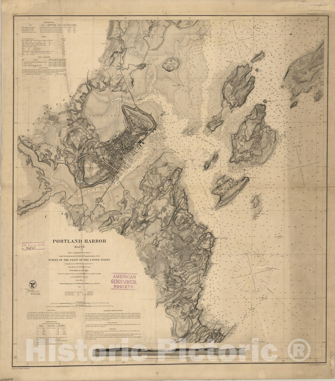 Map : Portland Harbor, Maine 1866, Portland Harbor, Maine , Antique Vintage Reproduction