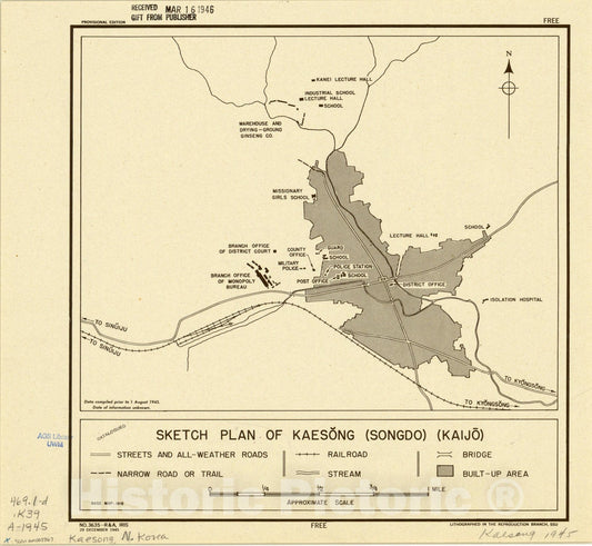 Map : Kaesong, North Korea 1945, Sketch plan of Kaesong (Songdo) (Kaijo), Antique Vintage Reproduction