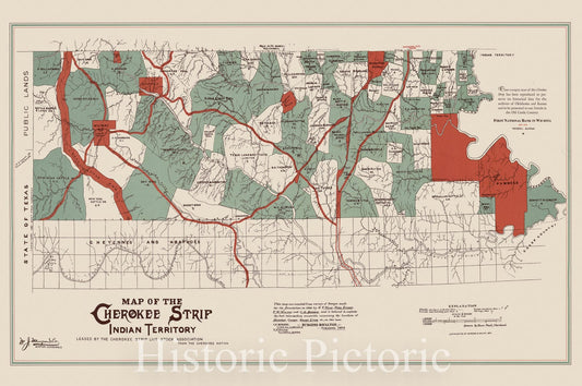 Map : Cherokee strip, Indian Territory, Oklahoma 1942, Map of the Cherokee strip, Indian Territory , Antique Vintage Reproduction