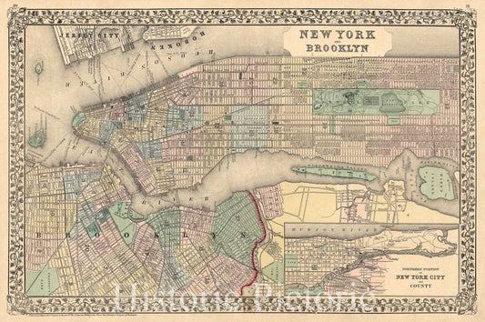 Map : New York and Brooklyn, New York 1874, New York and Brooklyn , Antique Vintage Reproduction