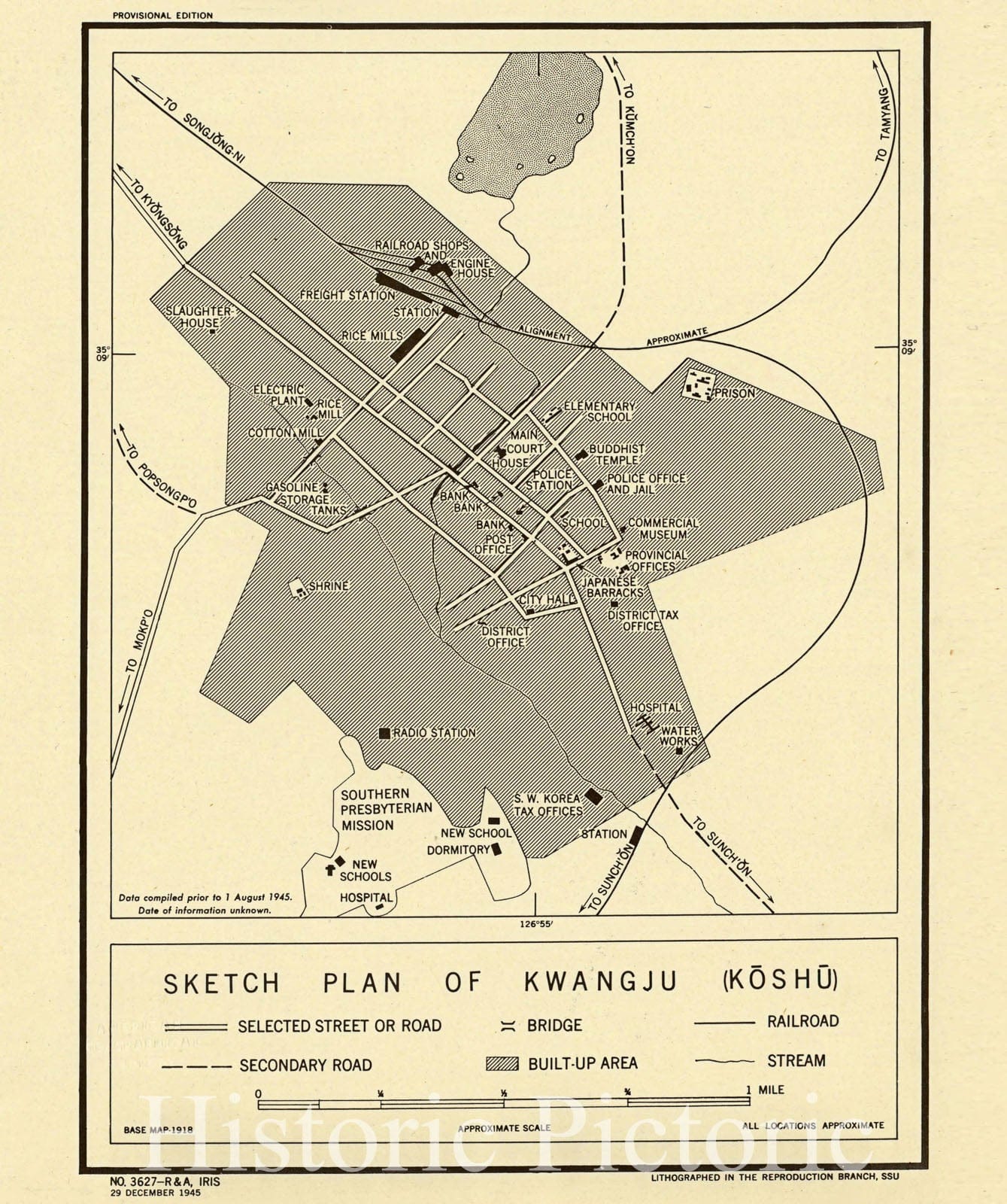Map : Kwangju, South Korea 1945, Sketch plan of Kwangju (Koshu), Antique Vintage Reproduction
