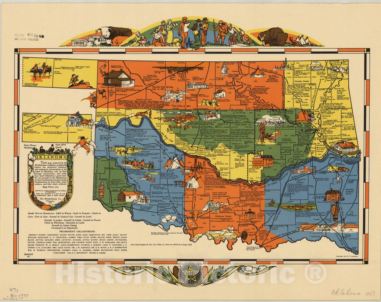 Map : Oklahoma 1937, Oklahoma , Antique Vintage Reproduction
