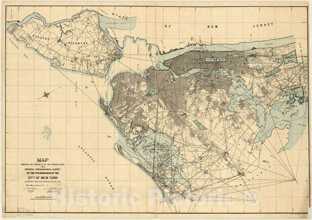 Map : New York city, New York 1898, Map showing the progress of the triangulation for the general topographical survey of the five boroughs of the City of New York