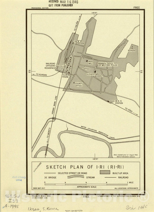 Map : Iri, South Korea 1945, Sketch plan of I-ri (Ri-Ri) , Antique Vintage Reproduction