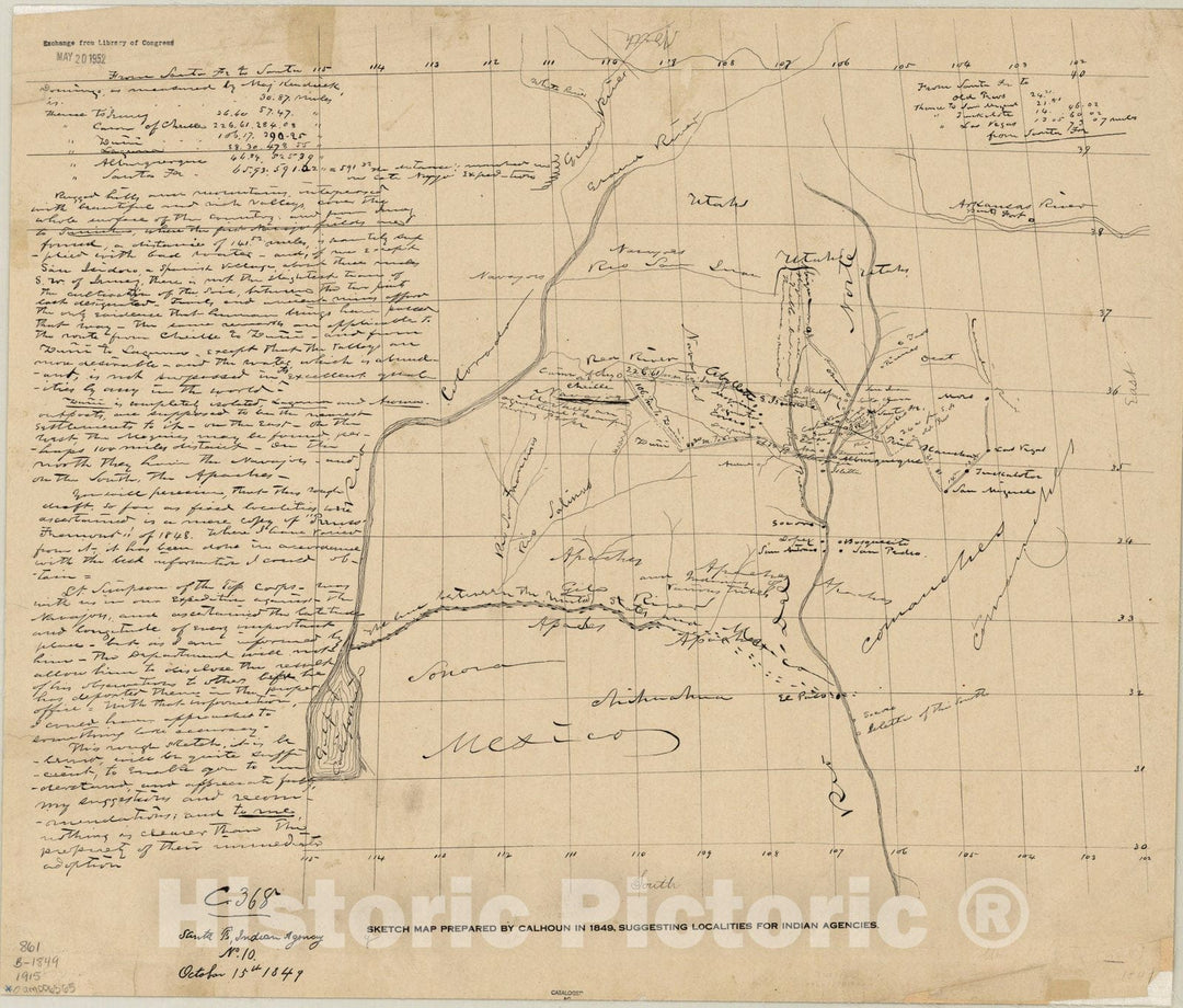 Map : New Mexico 1915, Sketch map [of New Mexico] prepared by Calhoun in 1849 : suggesting localities for Indian agencies , Antique Vintage Reproduction