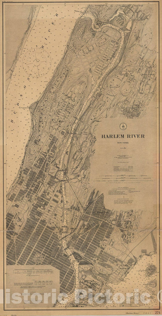 Map : Harlem River, New York 1908, Harlem River, New York , Antique Vintage Reproduction