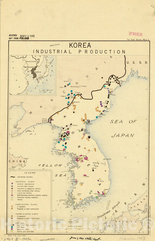 Map : Korea 1943, Korea industrial production , Antique Vintage Reproduction