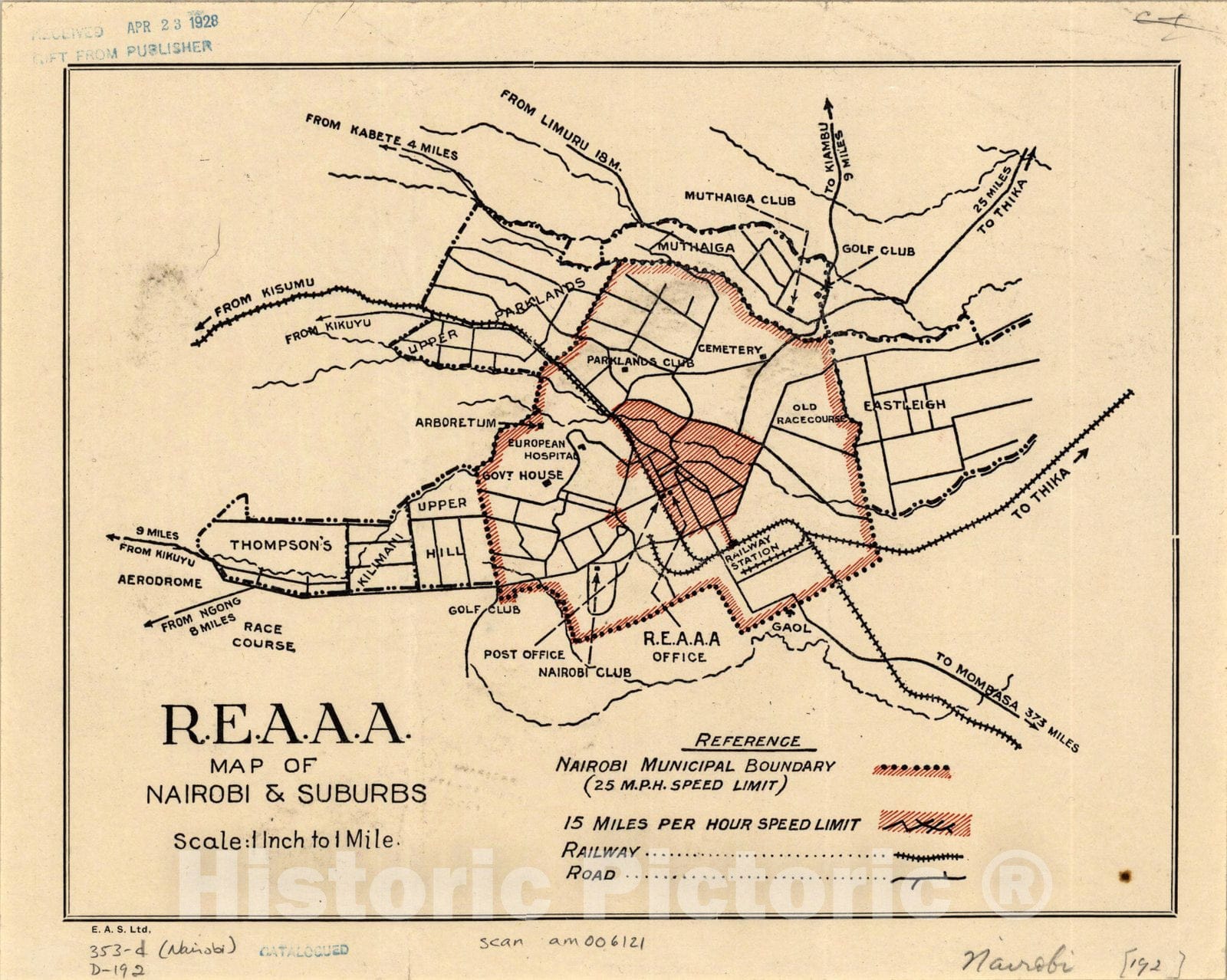 Map : Nairobi, Kenya 1924, R.E.A.A.A. map of Nairobi & suburbs , Antique Vintage Reproduction