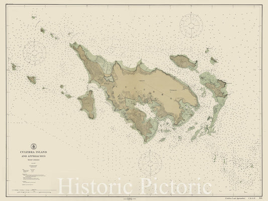 Map : Culebra Island, Puerto Rico 1914, Culebra Island and approaches, West Indies , Antique Vintage Reproduction