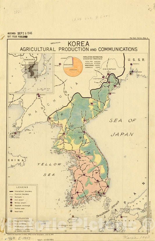 Map : Korea 1943, Korea agricultural production and communications , Antique Vintage Reproduction