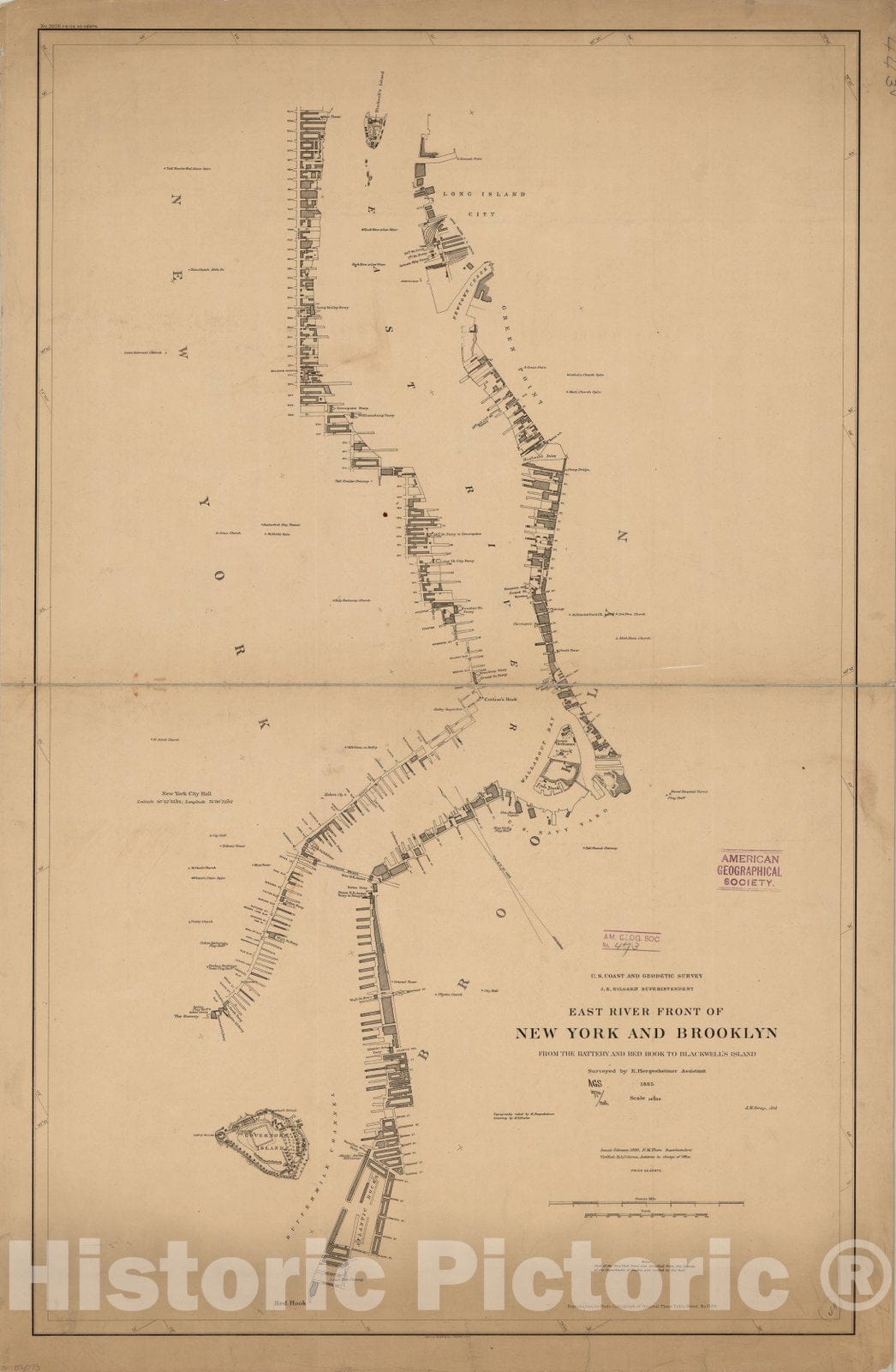 Map : New York, New York 1886, East River front of New York and Brooklyn from the Battery and Red Hook to Blackwell's Island : 1885, Antique Vintage Reproduction