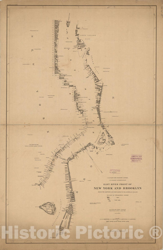 Map : New York, New York 1886, East River front of New York and Brooklyn from the Battery and Red Hook to Blackwell's Island : 1885, Antique Vintage Reproduction