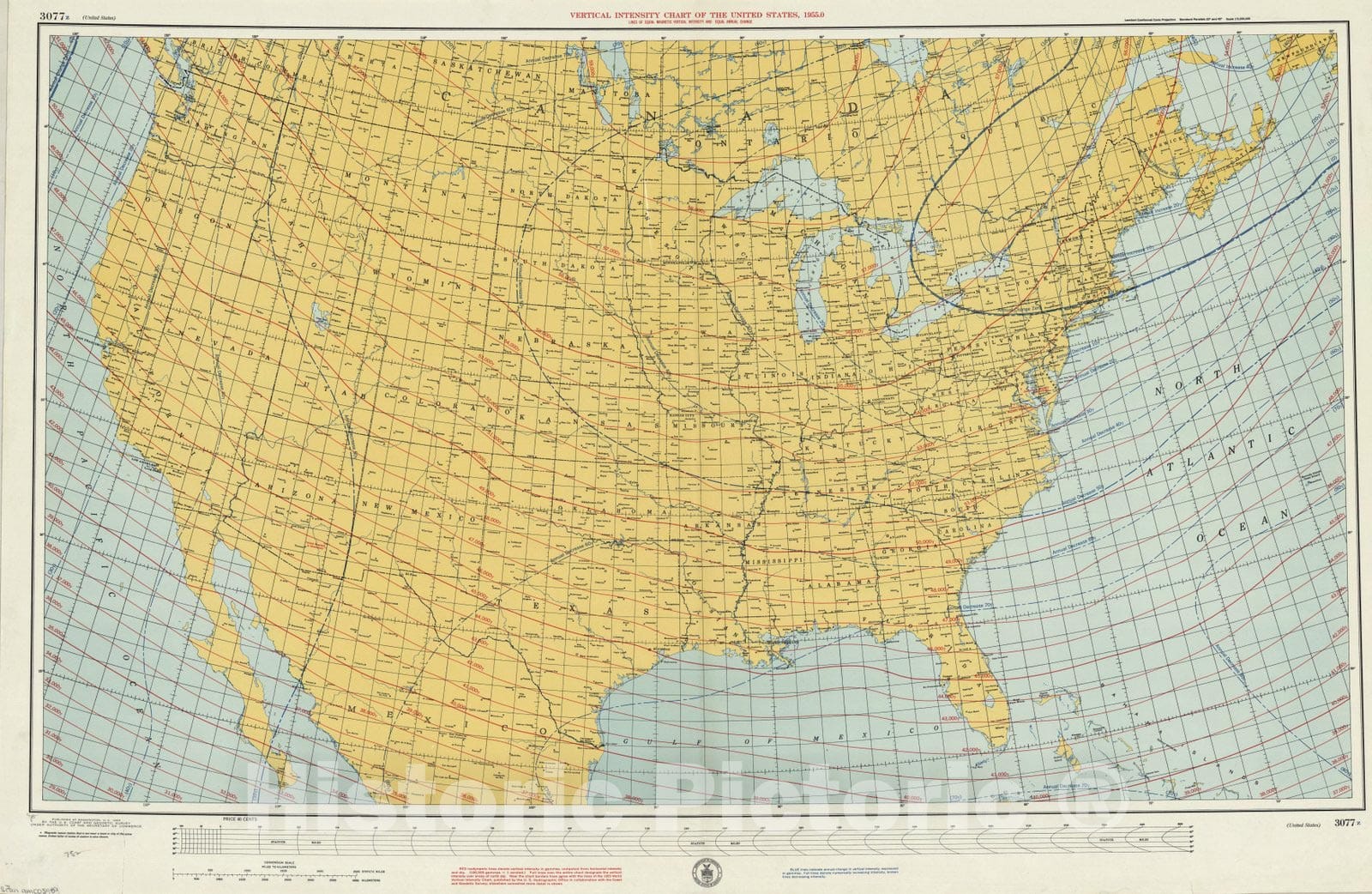Map : United States 1955, Vertical intensity chart of the United States, 1955.0 : lines of equal magnetic vertical intensity and equal annual change
