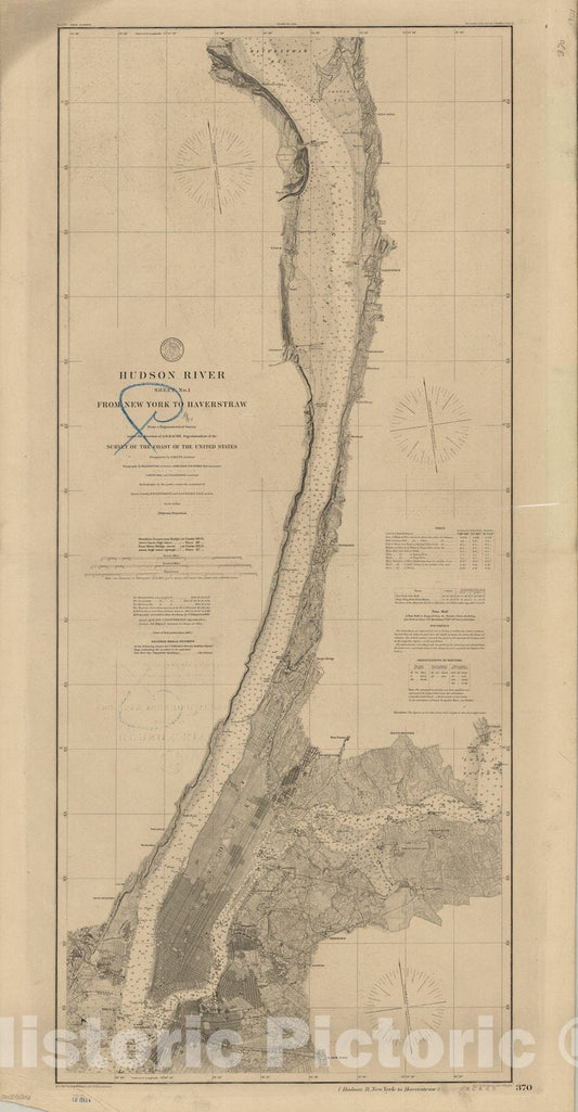 Map : Hudson River, New York 1879, Hudson River, sheet no. 1, from New York to Haverstraw , Antique Vintage Reproduction