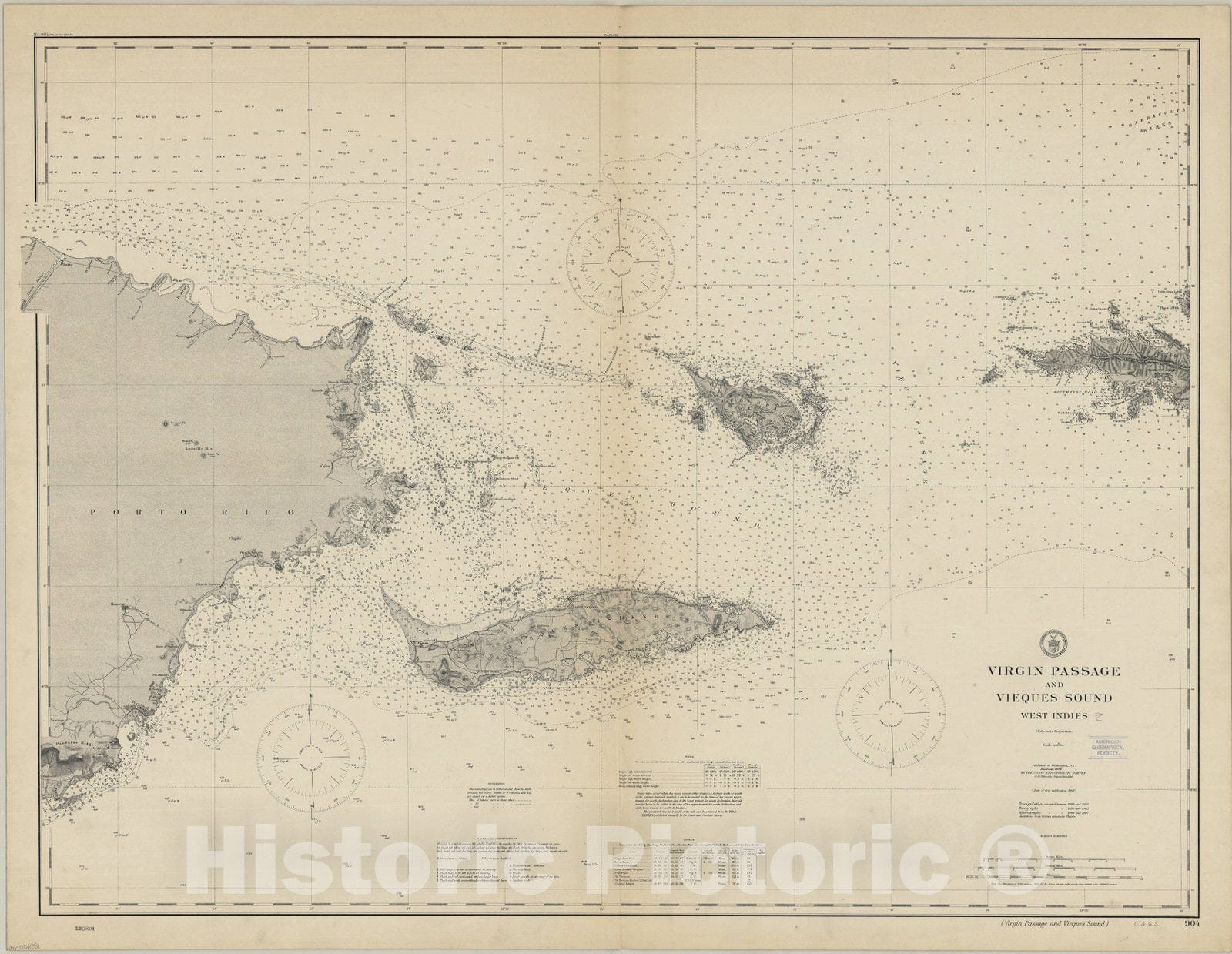 Map : Virgin Passage and Vieques Sound, West Indies 1908, Virgin Passage and Vieques Sound, West Indies , Antique Vintage Reproduction
