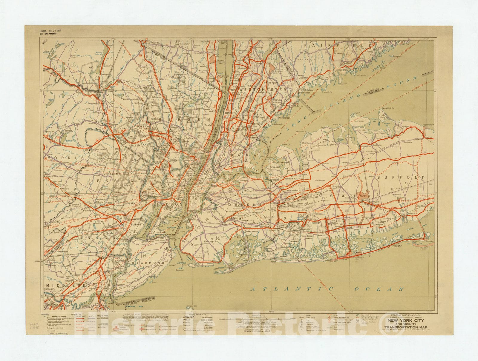 Historic Map : New York City, New York 1943, New York City and vicinity transportation map : Highways, railroads, canals, air lanes, and dredged channels , Antique Vintage Reproduction