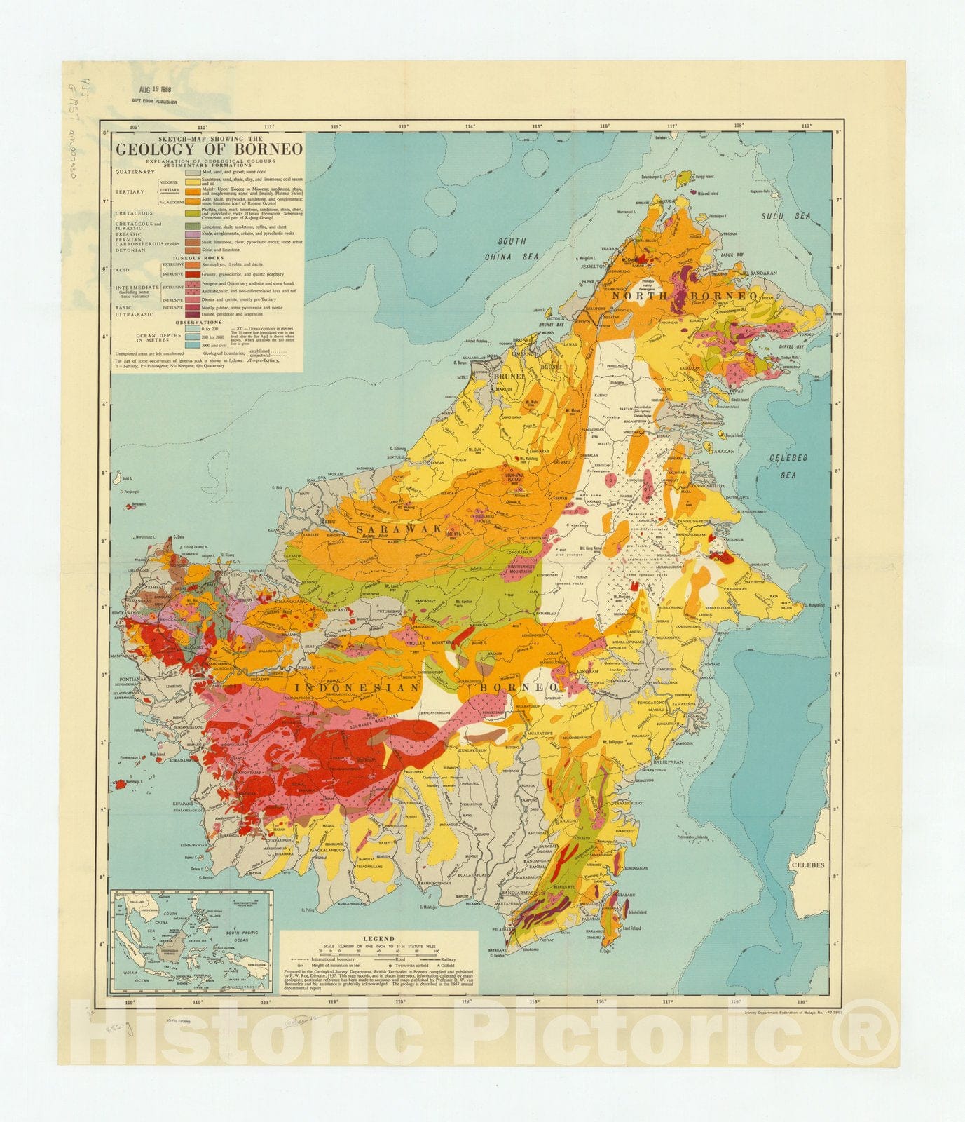 Map : Borneo 1957, Sketch map showing the geology of Borneo , Antique Vintage Reproduction