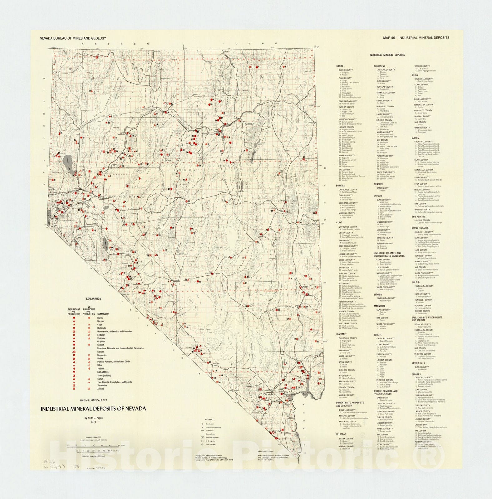 Map : Nevada 1973, Industrial mineral deposits of Nevada , Antique Vintage Reproduction