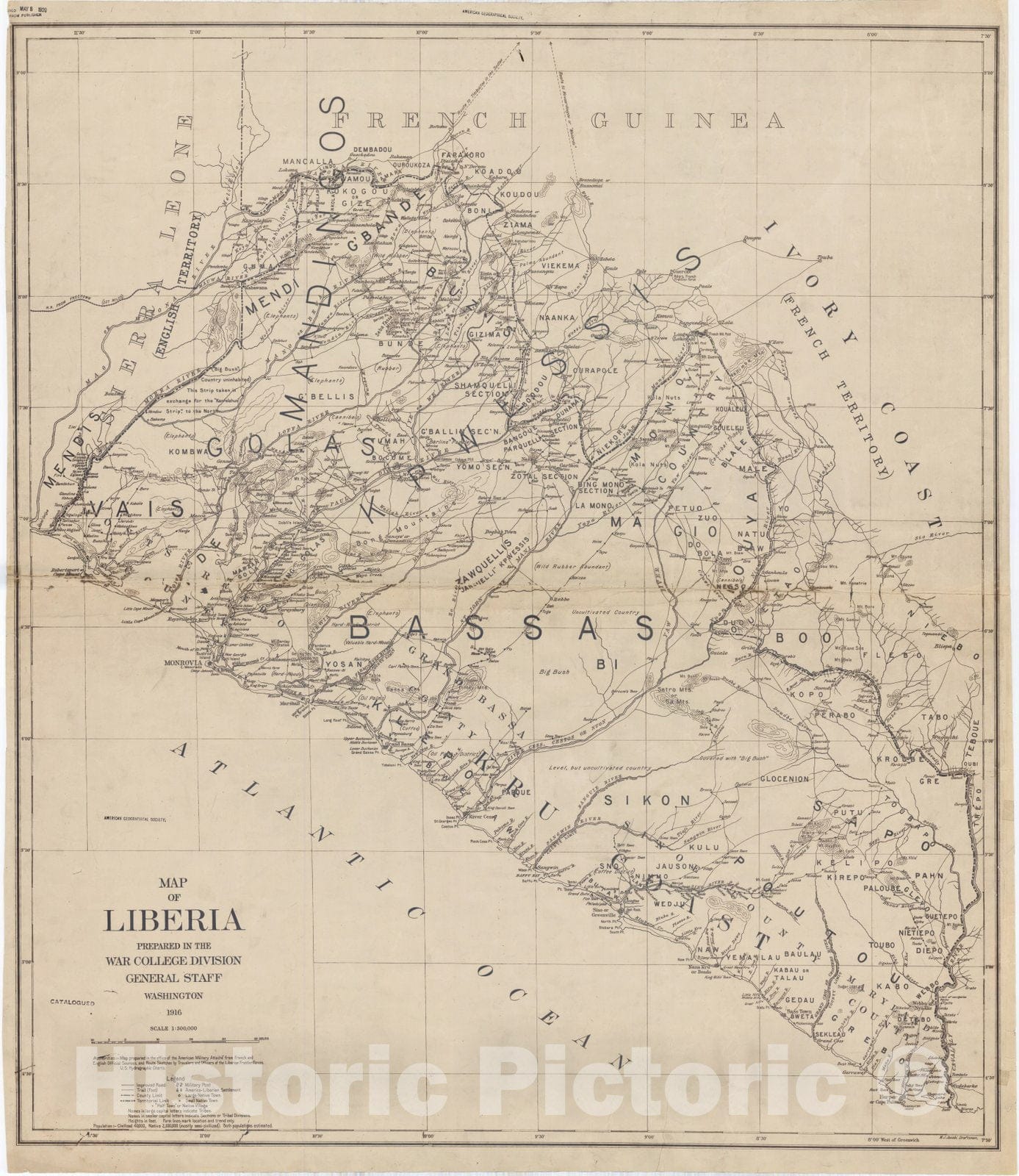 Map : Liberia 1916, Map of Liberia , Antique Vintage Reproduction