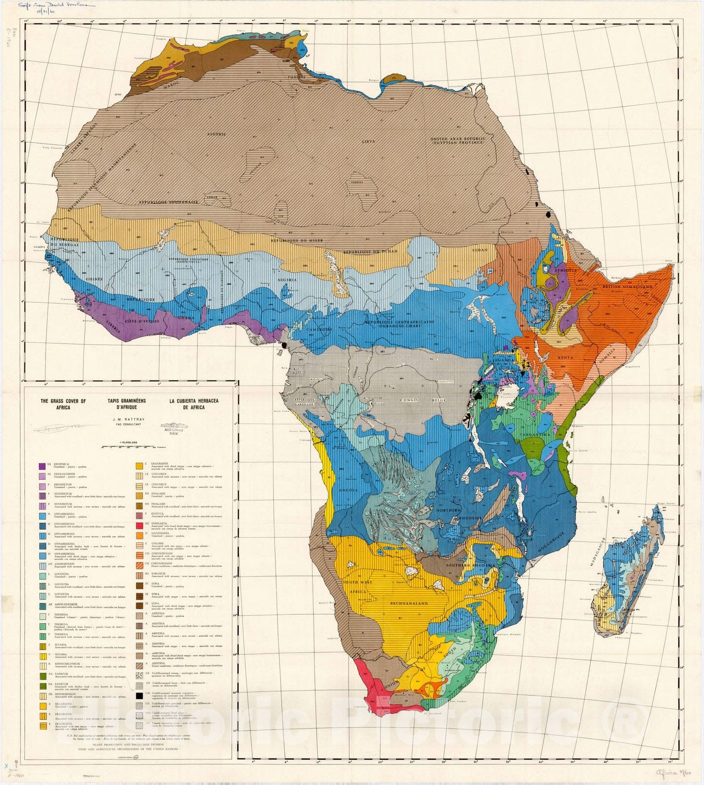 Map : Africa 1960, The grass cover of Africa, Tapis gramineens d'Afrique, La cubierta herbacea de Africa , Antique Vintage Reproduction