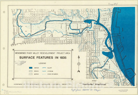 Map : Milwaukee, Wisconsin 1976, Menomonee River Valley development project area, surface features in 1835 , Antique Vintage Reproduction