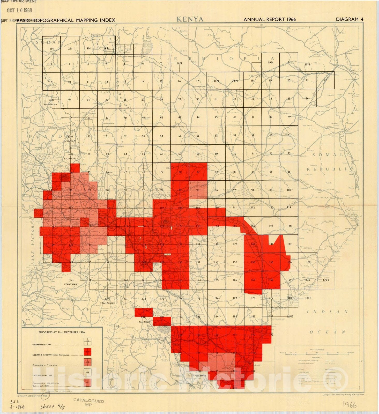 Map : Kenya 1966, Basic topographic mapping index, Kenya, annual report 1966 diagram 4 , Antique Vintage Reproduction