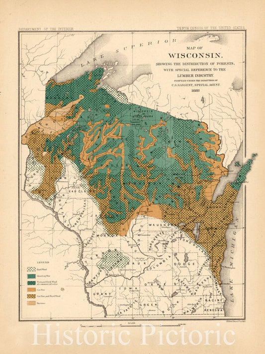 Map : Wisconsin 1881, Map of Wisconsin showing the distribution of forests with special reference to the lumber industry , Antique Vintage Reproduction
