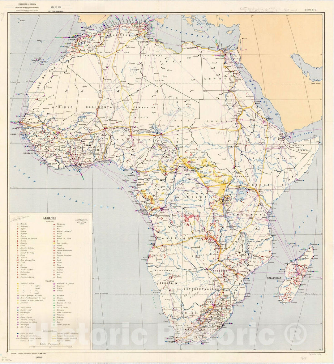 Map : Africa 1958, Carte economique de l'Afrique : industries et transports, Antique Vintage Reproduction
