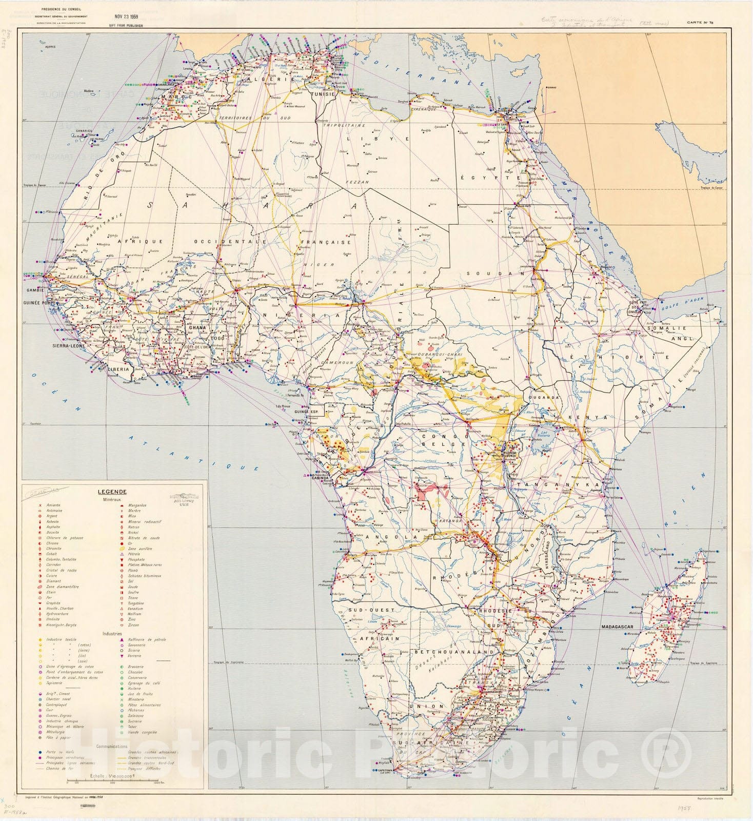 Map : Africa 1958, Carte economique de l'Afrique : industries et transports, Antique Vintage Reproduction