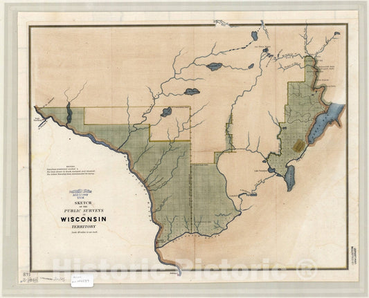 Map : Wisconsin 1850 1, Sketch of the public surveys in Wisconsin Territory, Antique Vintage Reproduction